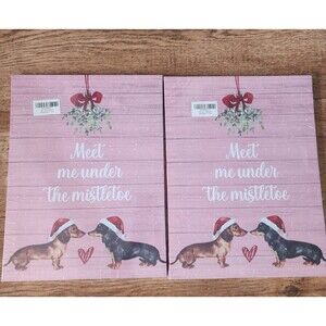 2 New Pink Canvas Wall Art "Meet Me Under The Mistletoe" Dachshund Christmas